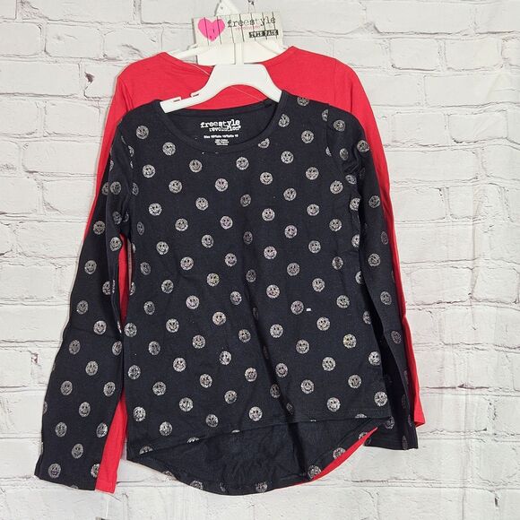 NWT Freestyle Rev Size 10 Girls Smile Glitter Shirt 2 pack Long Sleeve Red Black - Picture 2 of 4